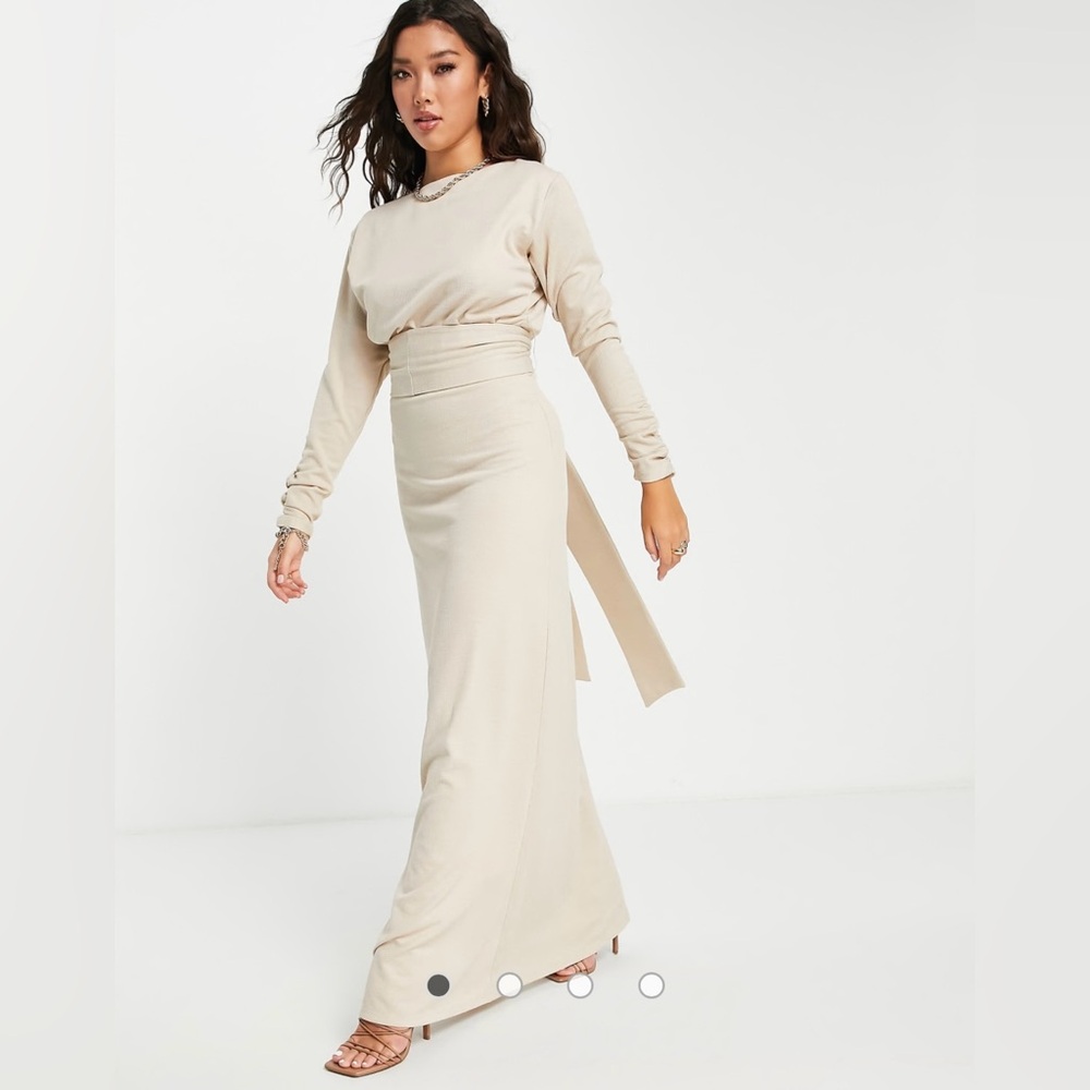ASOS DESIGN linen ruched sleeve self tie belted maxi dress in stone